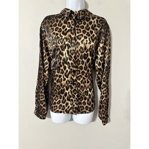 Heroine Sport Relaxed Fit Satin Long Sleeve Snap Button Cheetah Top Size L NWOT